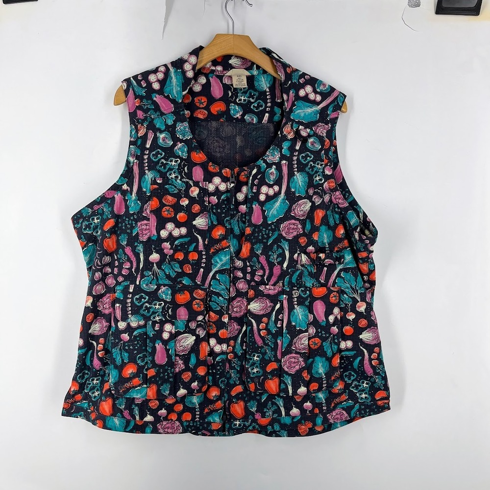 Duluth Trading Co Heirloom Gardening Vest XXL Navy Vegetable Print Mesh Back Zip